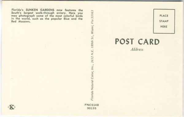 Backside of Sunken Gardens Parrots Florida Natural Color Postcard Backside of Sunken Gardens Parrots Florida Natural Color Postcard