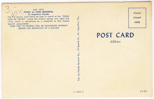 Backside of Ponce De Leon Memorial Florida Souvenir Postcard Backside of Ponce De Leon Memorial Florida Souvenir Postcard